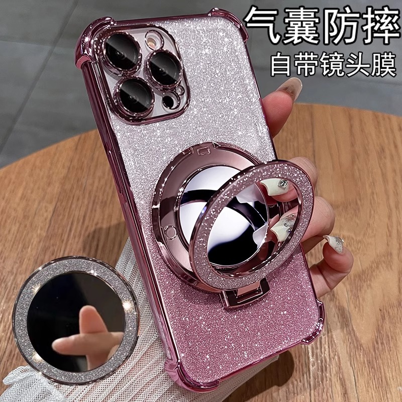 适用苹果16E电镀四角防摔手机壳iPhone15promax全包14plus自带13mini支架12补妆镜11女8简约7不会撞壳xsmax/6