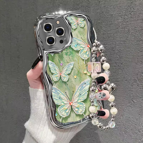 适用苹果15promax手机壳新款iphone14pro电镀13防摔12可爱女11网红xsmax油画蝴蝶8plus手链7p高级感6s全包潮