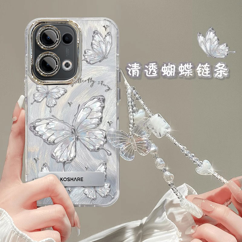 适用梦幻蝴蝶OPPOReno13手机壳12电镀11羽纱10pro+自带9挂绳8支架7少女6新款5防摔保护套全包奢华轻奢风创意