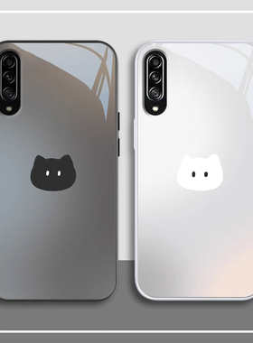 适用黑白猫咪三星GalaxyA90手机壳A72新款A71金属漆A70玻璃A56防摔A55可爱A33女男情侣samsung专用A54/A31/21