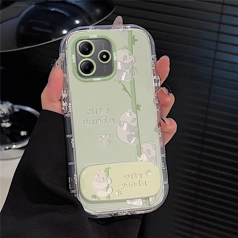 适用熊猫红米note14pro+手机壳13R镜子12Turbo支架11T羽纱10泡芙9竹子redmi高级感保护套绿色女全包防摔新款