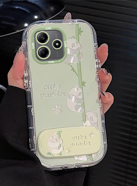 适用熊猫红米note14pro+手机壳13R镜子12Turbo支架11T羽纱10泡芙9竹子redmi高级感保护套绿色女全包防摔新款