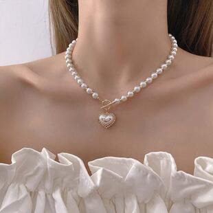 Collar Chain珍珠爱心项链女式 Heart OT扣 锁 Pendant 网红Pearl