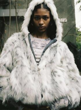 Corteiz 新款时尚复古仿狐狸毛宽松帅气加厚保暖斑点潮流棉衣外套