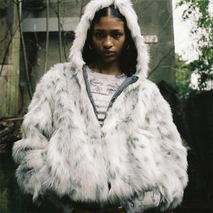 Corteiz 新款时尚复古仿狐狸毛宽松帅气加厚保暖斑点潮流棉衣外套