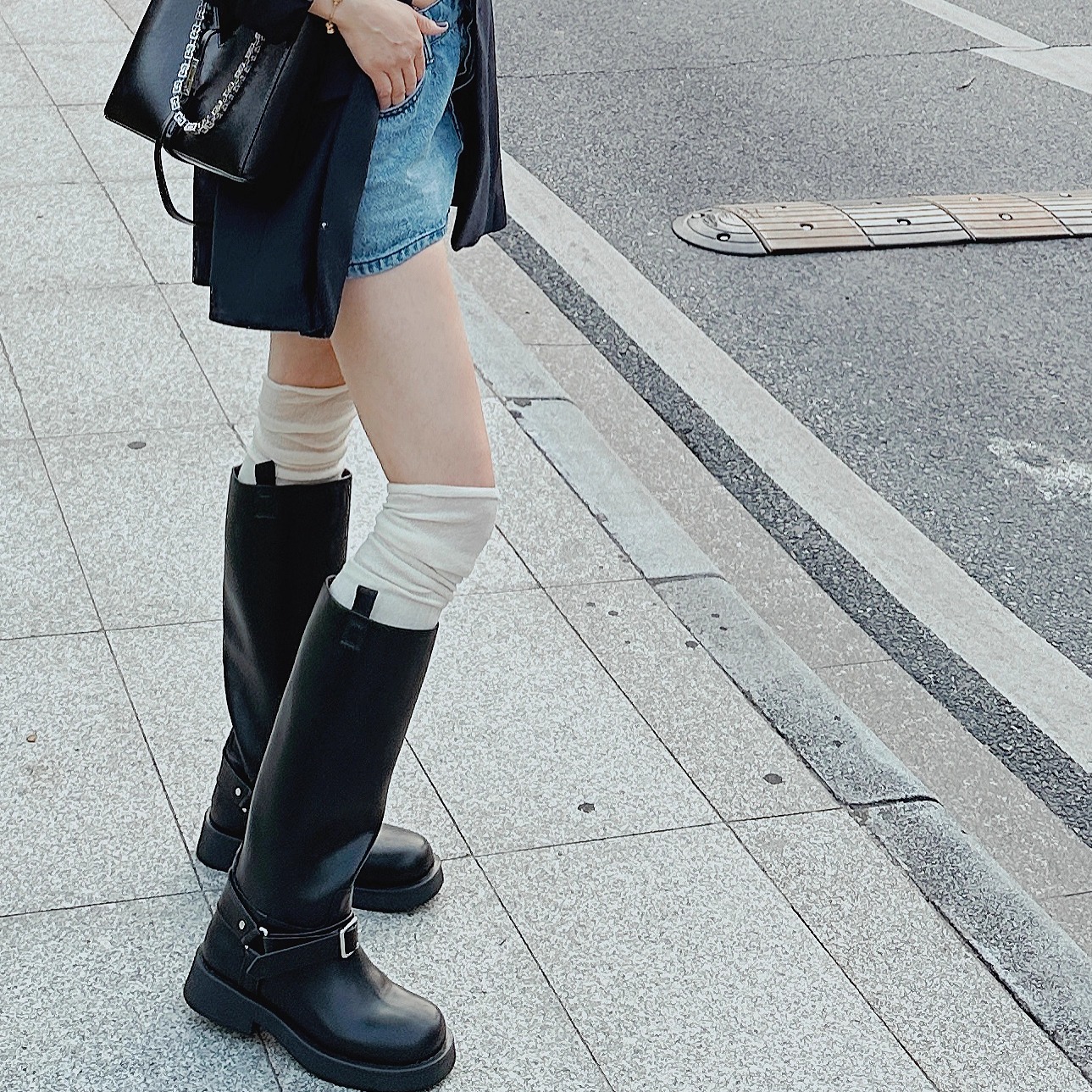 真皮粗跟厚底圆头骑士靴