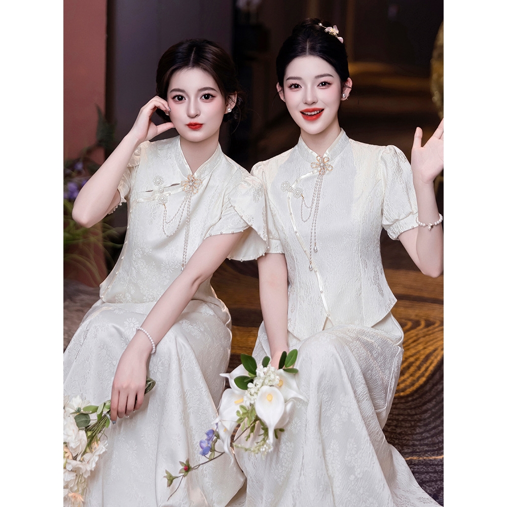 日本品质香槟色中式伴娘服2025新款夏款小众高级旗袍姐妹团礼服裙