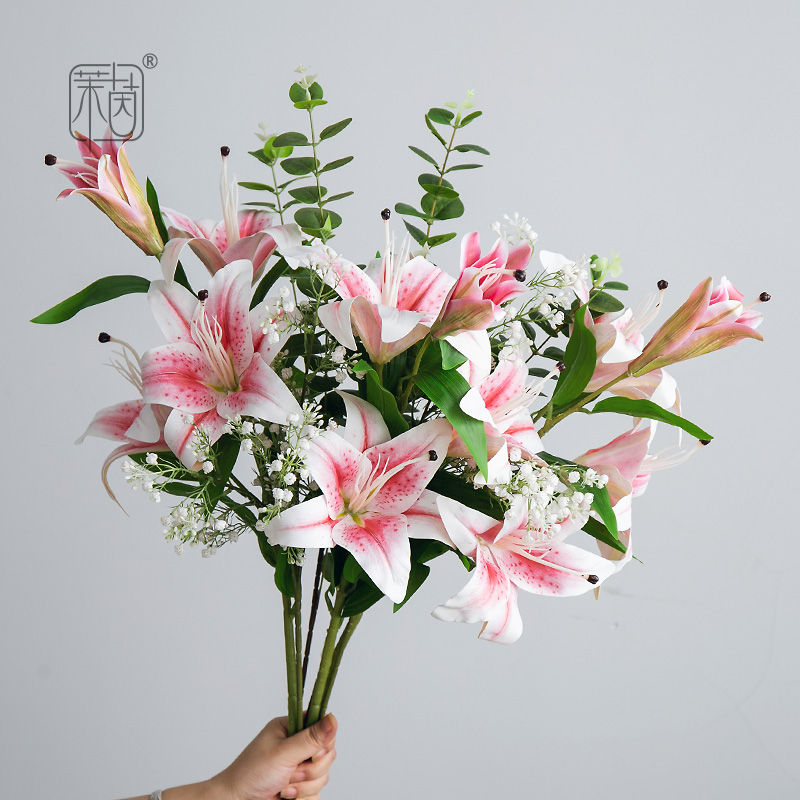 仿真花3D胶片手感香水百合花束酒店婚礼婚庆客厅餐桌装饰花艺假花