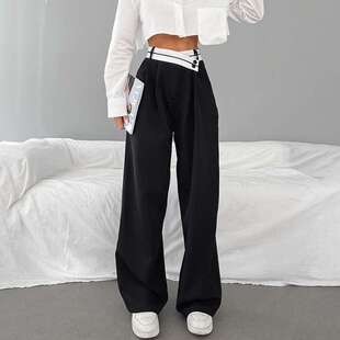 街頭women 2024褲 clothes 拼接黑色西褲 秋冬百搭闊腿褲 新款 休閑褲