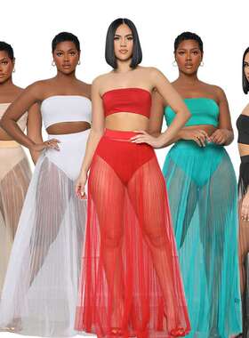 20248纯色气质网纱套装红色时尚休闲套装三件套外贸women clothes