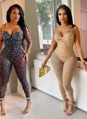 2024C6780欧美时尚女装纯色网纱烫钻无袖长裤连体裤women clothes