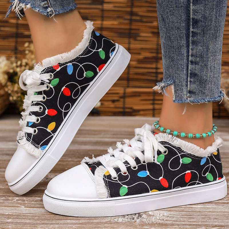 women shoes帆布鞋女彩色印花系带休闲运动平底外贸大码单鞋2024