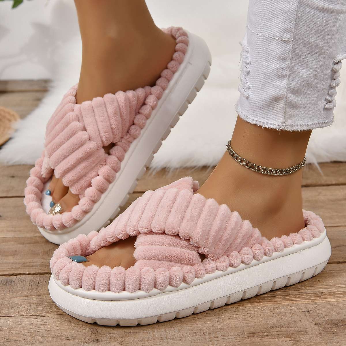 women shoes款外贸大码女士厚底棉拖鞋简约休闲舒适temu纯色2024