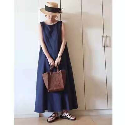 2024春夏季新款森女系气质无袖背心棉麻连衣裙现货women clothes