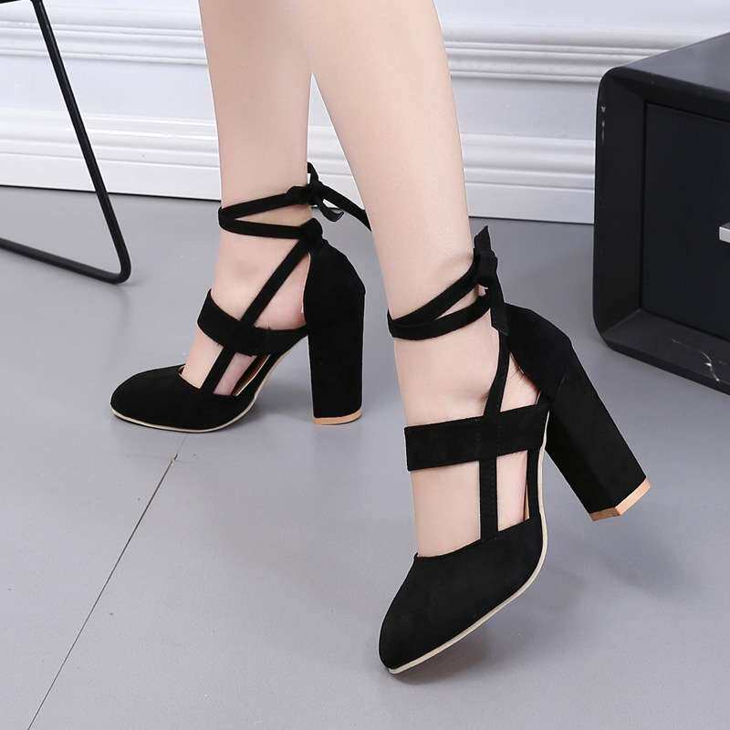 women shoes43高跟鞋女脚环绑带镂空绒面圆头中空粗跟女单鞋2024