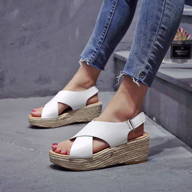 women shoes叉带平底鱼嘴坡跟凉鞋女麻绳厚底松糕魔术贴凉鞋2024