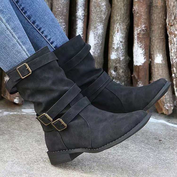 women shoes女靴秋冬短筒马丁靴外贸大码女靴皮带低跟休闲靴2024
