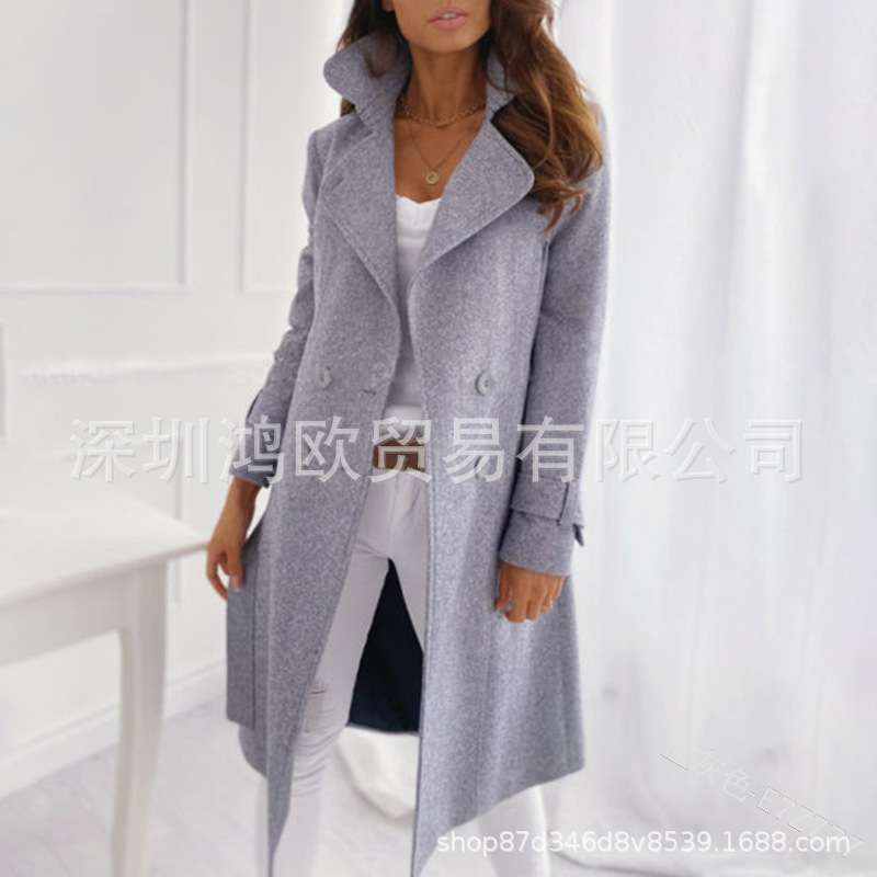 2024新款wish纯色翻领中长款毛呢风衣大衣女装外套women clothes