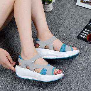 women shoes女士夏季新款松糕厚底摇摇鞋坡跟鱼嘴魔术贴凉鞋2024