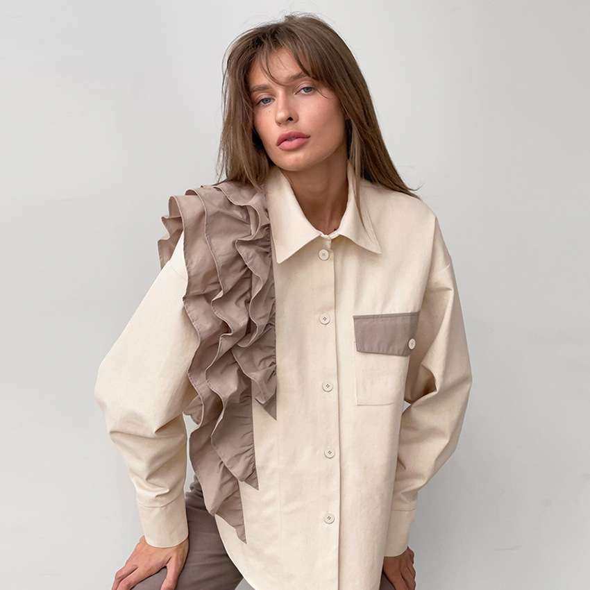 2024小众衬衫不对称上衣秋冬新款欧美宽松撞色休闲women clothes