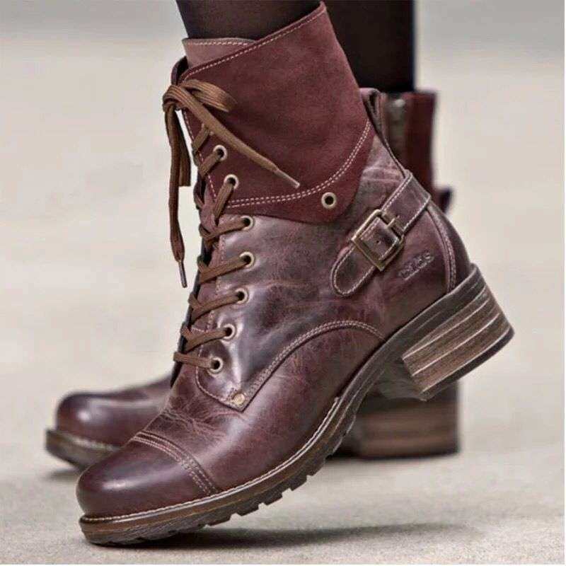 women shoes202秋冬季方跟中跟系带低筒靴41-43英伦风马丁靴2024