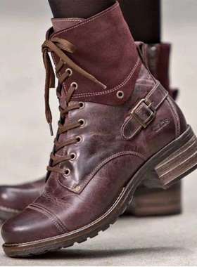 women shoes202秋冬季方跟中跟系带低筒靴41-43英伦风马丁靴2024