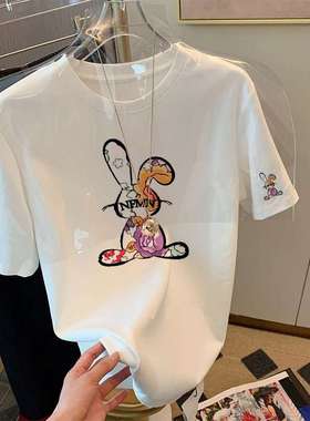 2024兔子正肩精梳棉短袖T恤女宽松百搭减龄白色上衣women clothes