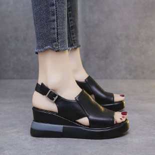women shoes凉鞋女夏外穿后空一字搭扣凉拖鞋大码高跟凉鞋女2024