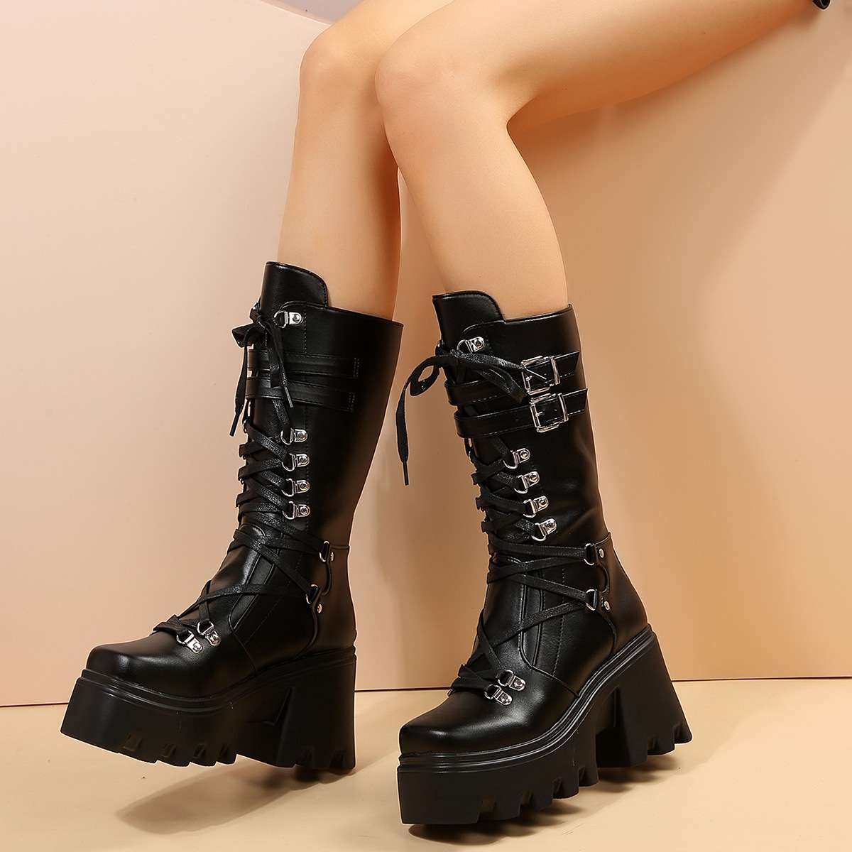 women shoes冬新款外贸大码女士休闲皮靴temu时尚百搭学院风2024