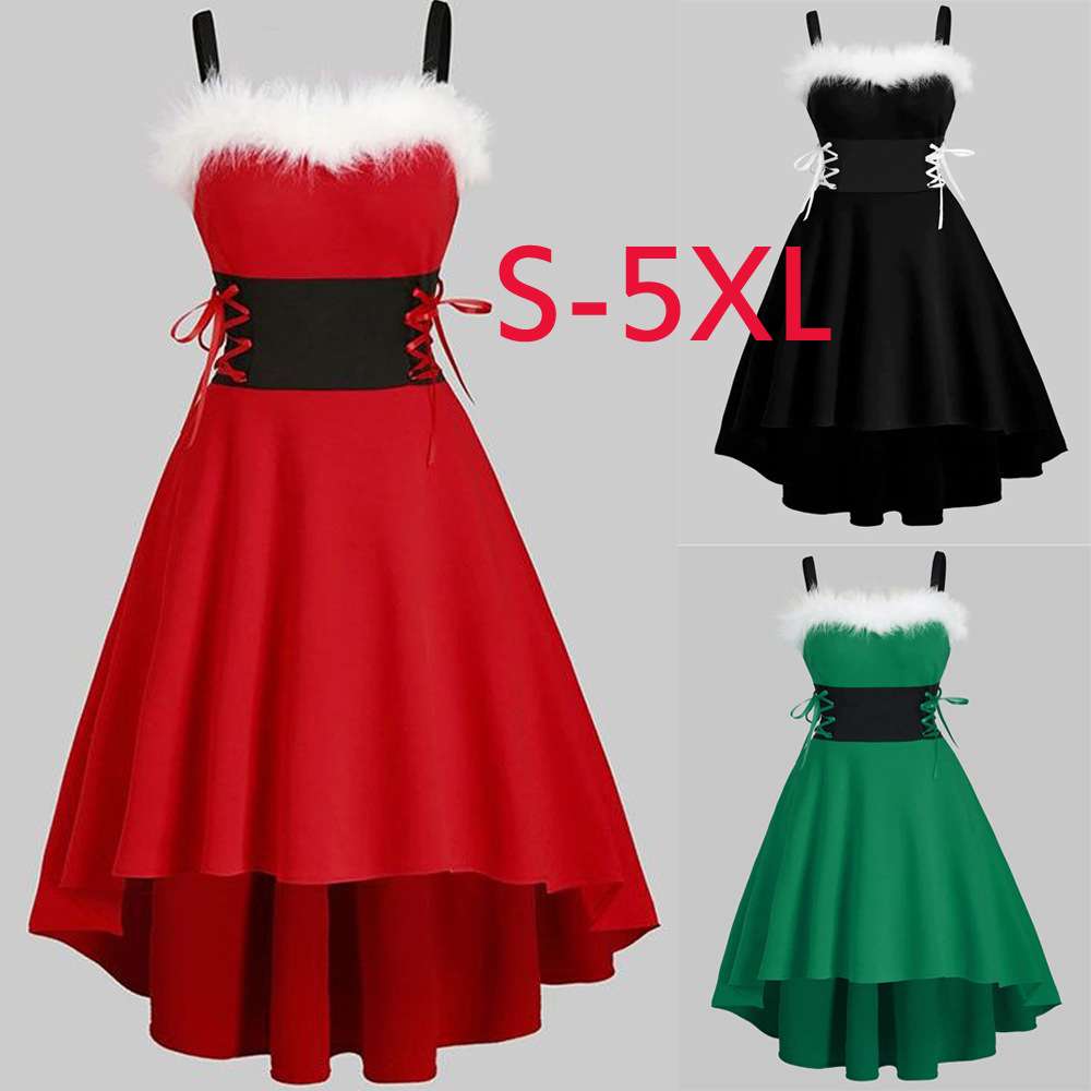 2024秋季圣诞节红色露肩黑色扎腰蝴蝶结吊带连衣裙women clothes