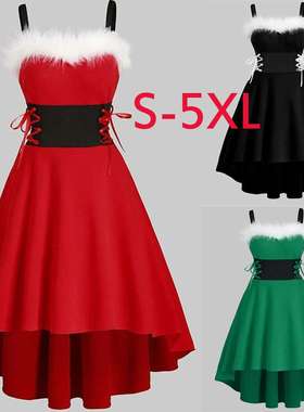 2024秋季圣诞节红色露肩黑色扎腰蝴蝶结吊带连衣裙women clothes