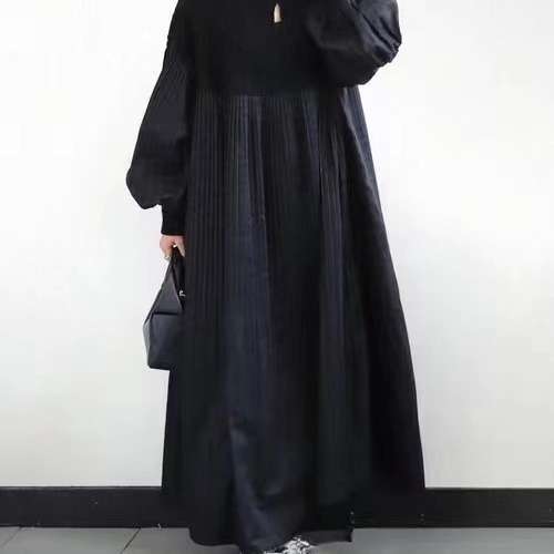2024日系纯色新款压褶菱形格毛衣拼接长款连衣裙women clothes