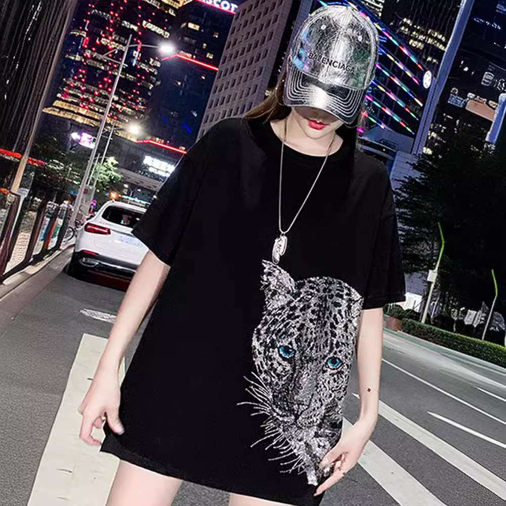 2024200斤胖mm重工镶钻上衣年款烫钻中长款T恤欧版women clothes