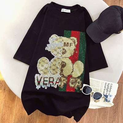 2024气质女装重工烫钻短袖t恤中长款宽松大码半袖上women clothes