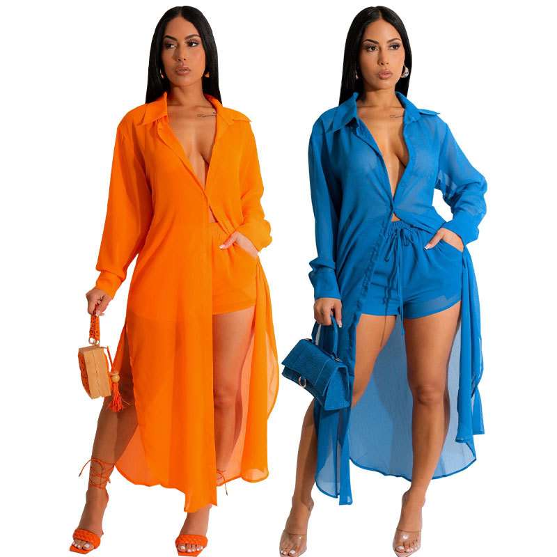 2024女装夏季新款时尚雪纺纯色套装外贸女装两件套women clothes