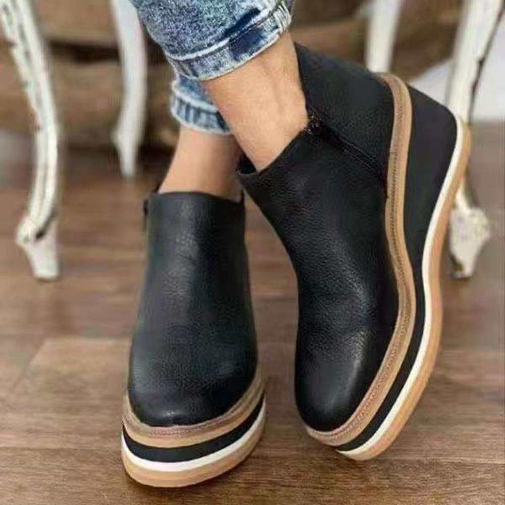 women shoes靴外贸大码女鞋欧美圆头厚底坡跟侧拉链休闲靴子2024