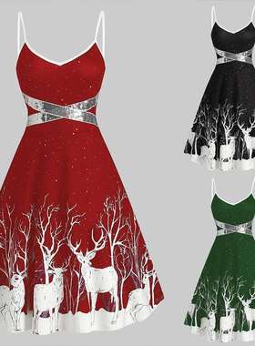 2024秋冬女装圣诞节白色小鹿吊带性感A字系带连衣裙women clothes