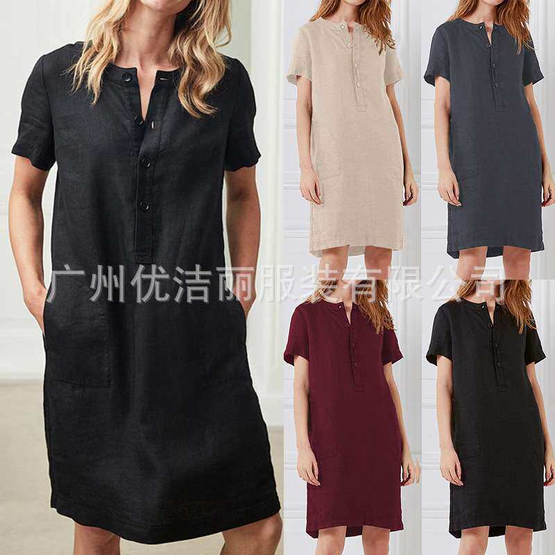 2024夏季时尚欧美wish棉麻宽松短袖中长女连衣裙连women clothes