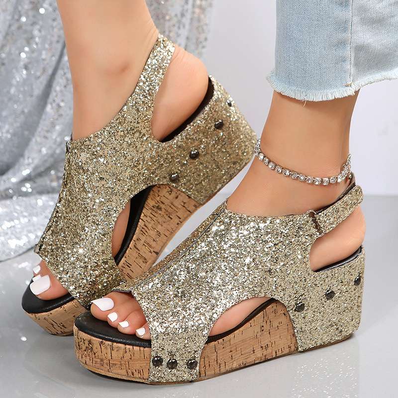 women shoes鞋女坡跟厚底复古鱼嘴凉鞋女亮片铆钉魔术贴凉鞋2024
