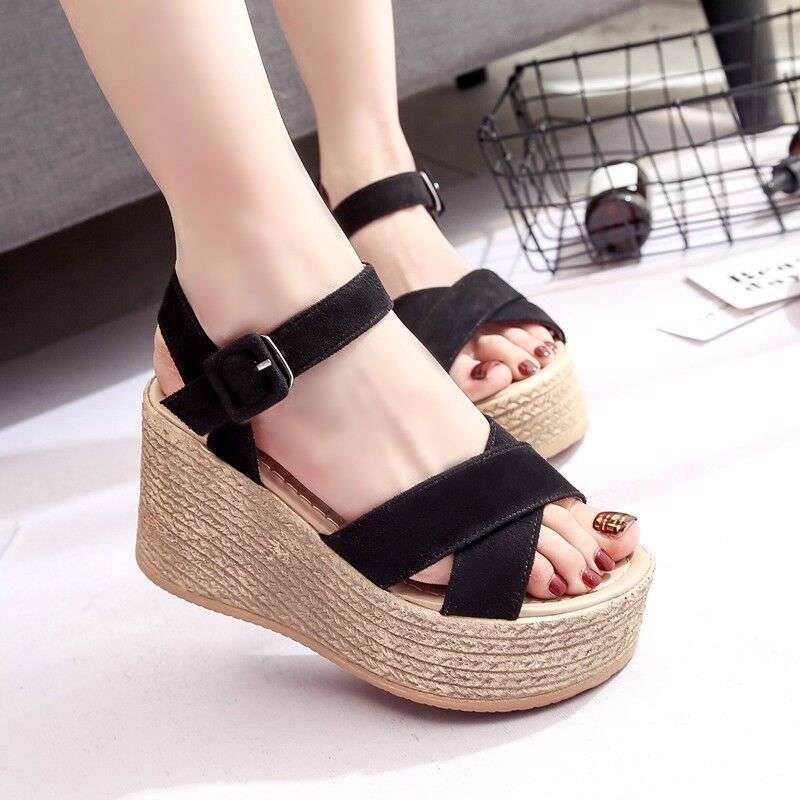women shoes厚底坡跟女凉鞋绒面松糕底搭扣舒适休闲时尚凉鞋2024
