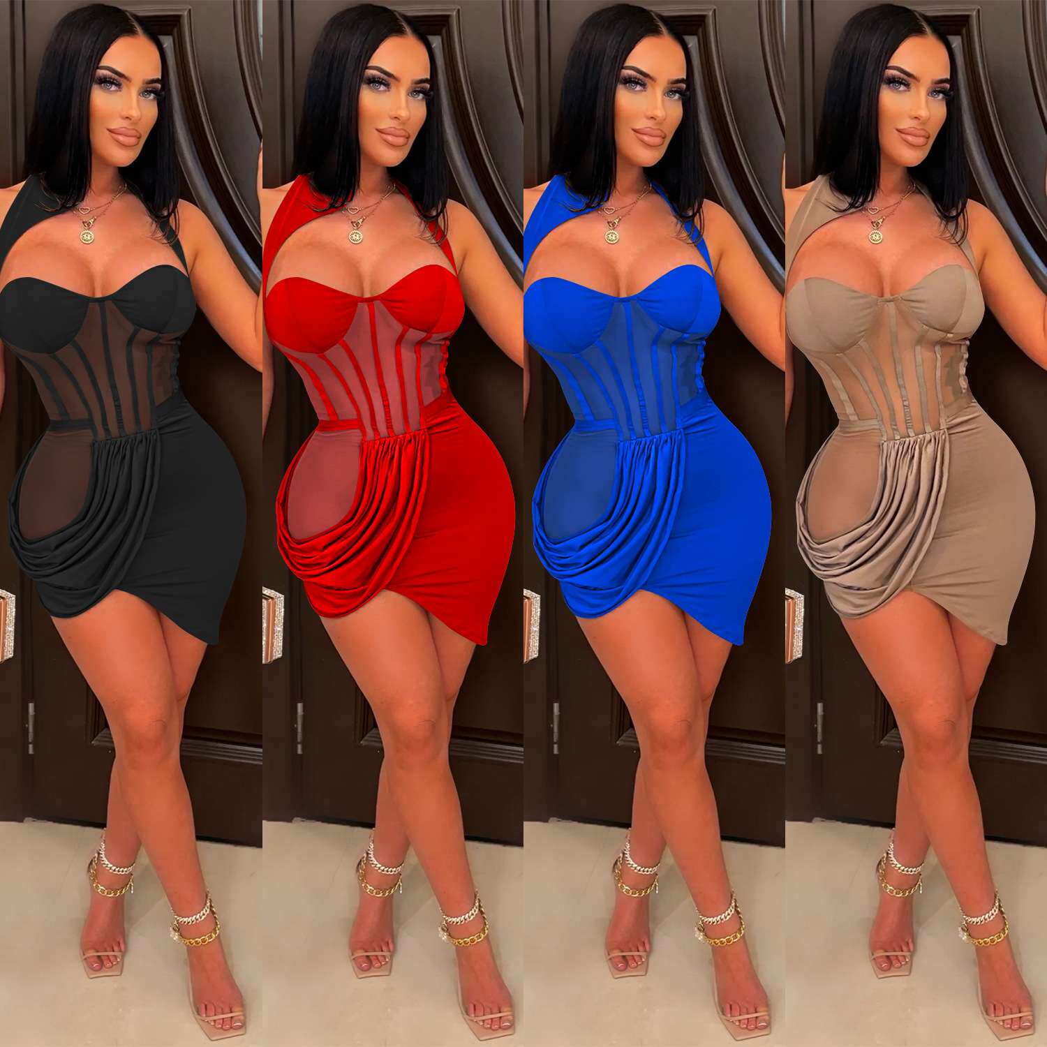 20240新品纯色网纱透视裹胸皱褶不规则短裙连衣裙女women clothes