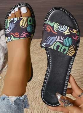 women shoes拖鞋女夏季新款豹纹平底一直拖圆头沙滩凉拖鞋432024