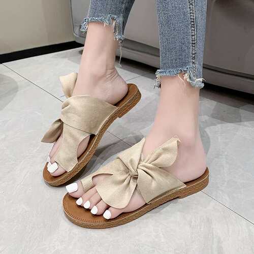 women shoes贸大码蝴蝶结懒人鞋软底一字凉拖套趾沙滩鞋平底2024