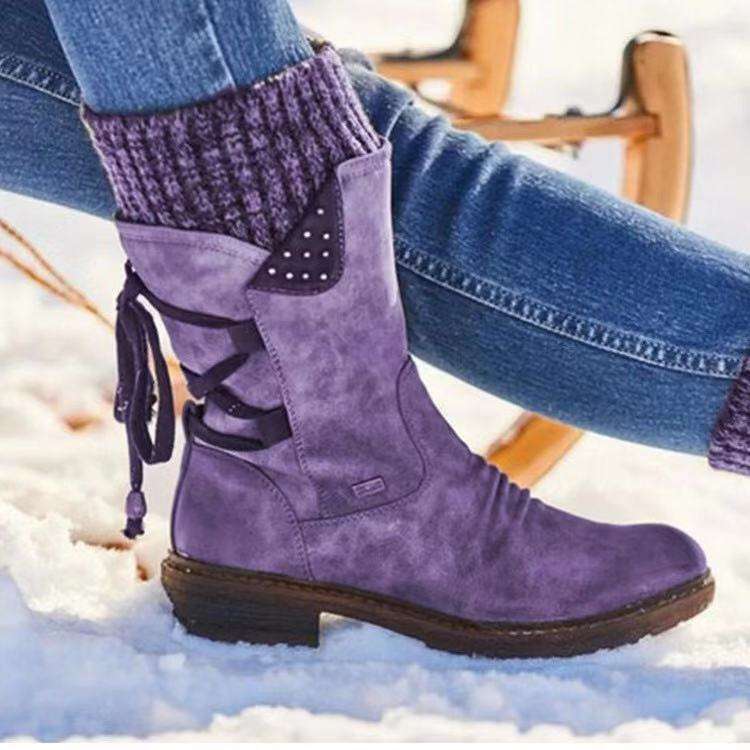 women shoes大码马丁靴女秋冬新款方跟后绑带欧美毛线女靴子2024