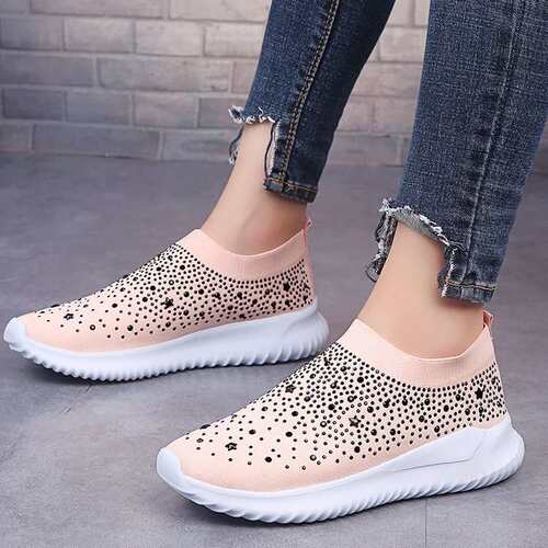 women shoes大码水钻飞织乐福鞋女秋平底休闲鞋2024