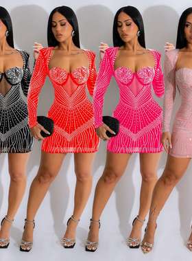 2024C6706欧美时尚女装纯色网纱烫钻长袖短裙连衣裙women clothes