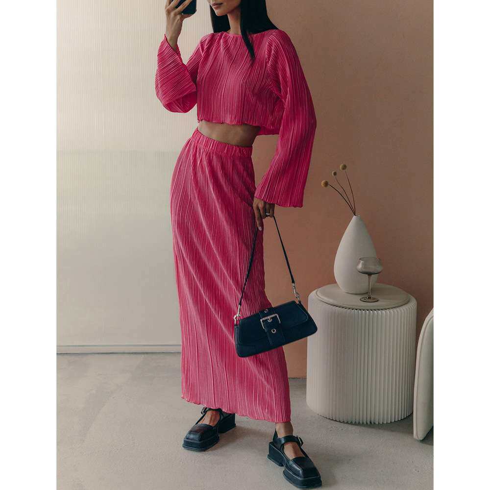 2024春货源喇叭袖修身短款上衣+百褶高腰半身裙套装women clothes