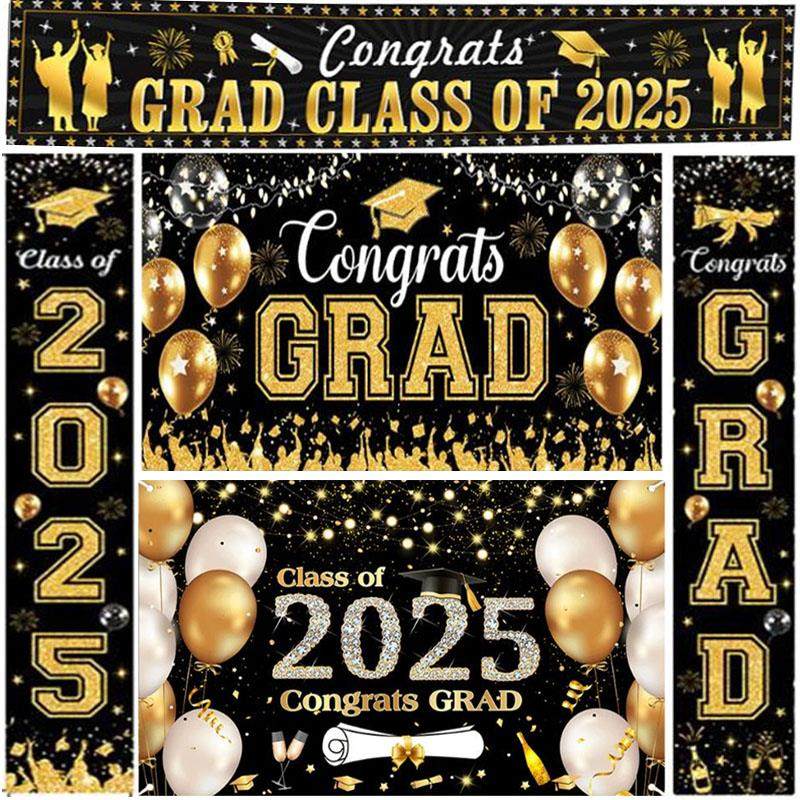 毕业季装饰背景布对联graduation毕业晚会场地布置黑金海报横幅