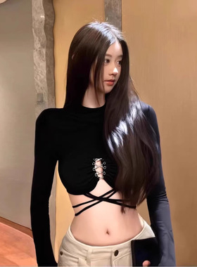 设计感黑色长袖绑带恤女春季辣妹韩版修身短款上衣不撞款