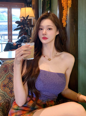 TZ3823纯欲性感风一字肩紫色抹胸背心女新款修身显瘦绝美甜辣上衣